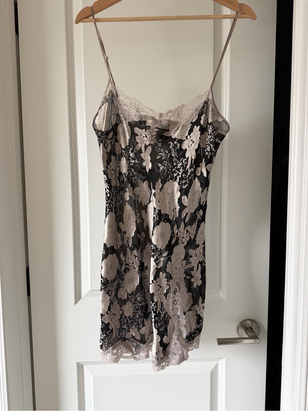 Mary Green Vintage Silk Floral Lace-Trim Slip Dress in Black and Blush
